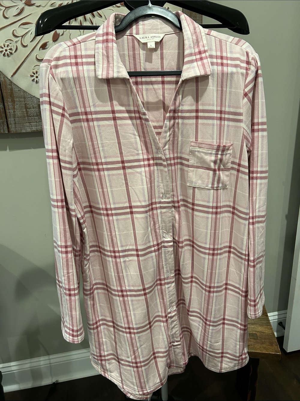 Laura Ashley Pink and White Plaid Button night sleep shirt